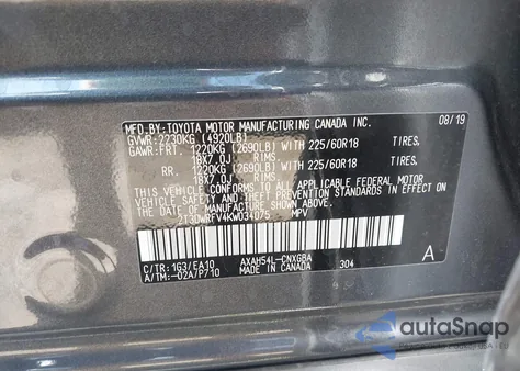 2019 Toyota Rav4 Hybrid Limited z USA, uszkodzony, nr VIN 2T3DWRFV4KW034075